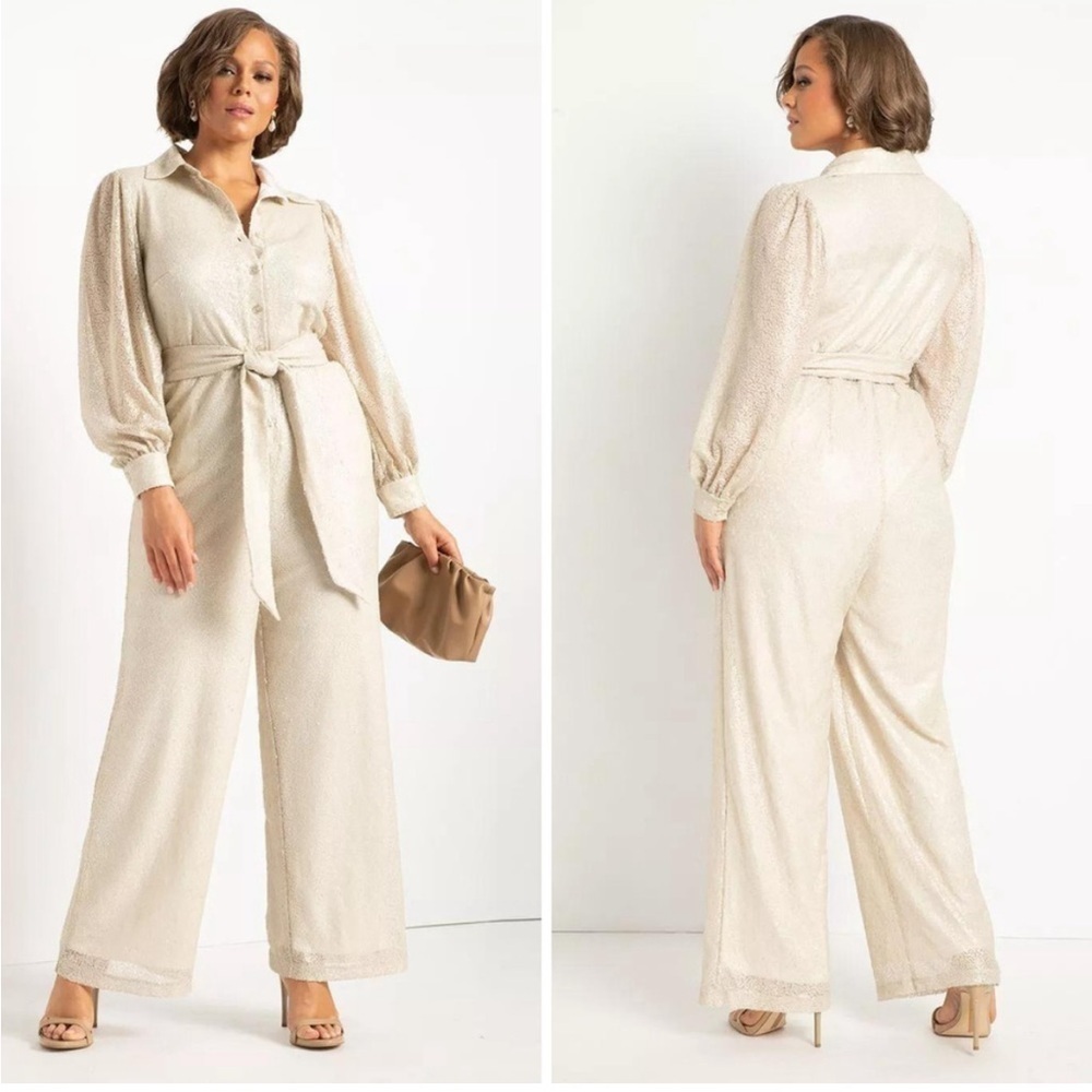 Eloquii Sequin Button Front Belted Jumpsuit